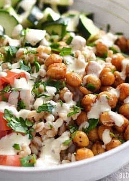Mediterranean Farro Salad with Spiced Chickpeas