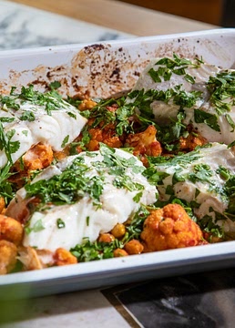 Roast Cod with Harissa, Chickpeas and Cauliflower