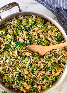 One Pan Broccoli Quinoa Skillet with Parmesan and White Beans