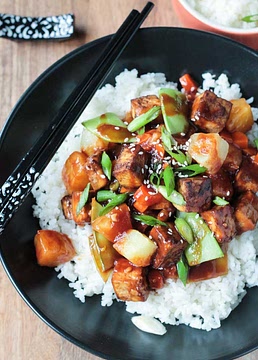 Broccoli and Snow Pea Stir Fry with Pineapple and Baked Tofu