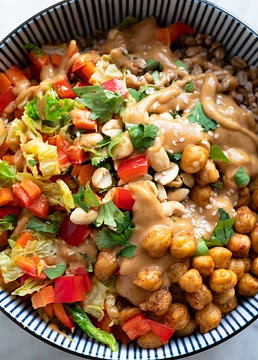 Simple Chickpea Farro Stir-Fry with Peanut Sauce