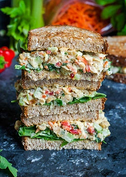 Chickpea Salad Sandwich with Roasted Vegetables and Fruit