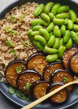Miso Glazed Eggplant with Edamame & Brown Rice